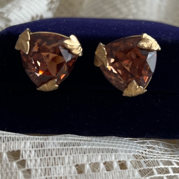 Bond Boyd Sterling Brown Topaz gold leaf screw-back earrings Vintage Canada - Picture 10 of 14